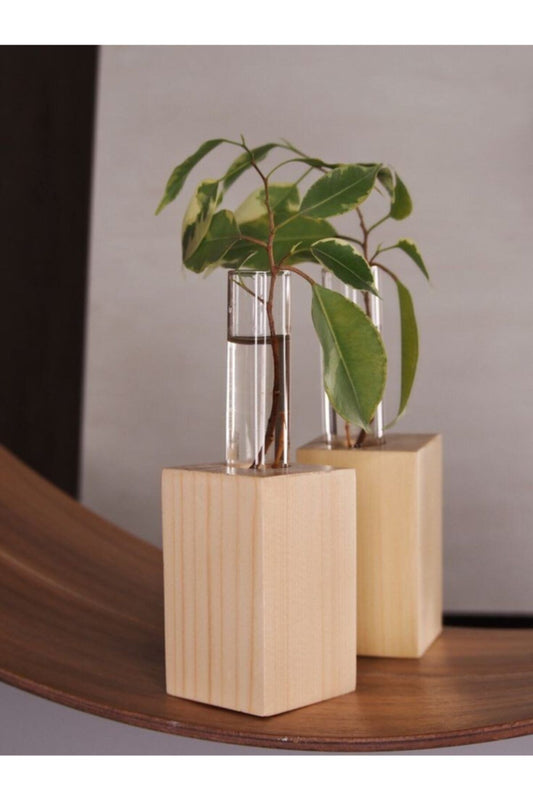 2'li Ahşap Standlı Mini Camlı Vazo